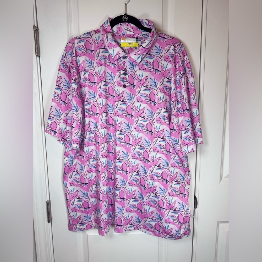 Nicklaus Eco Choice Mens XXL Pink Tropical Toucan Bird Golf Polo Stretch Resort